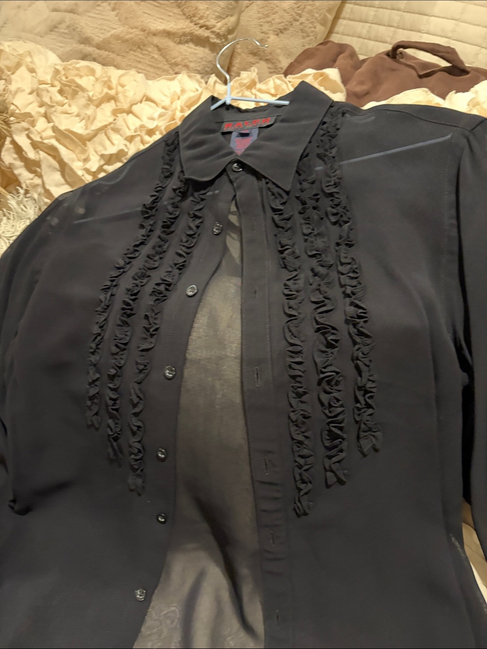 Ralph Lauren Black Ruffle-Trim Button-Up Top